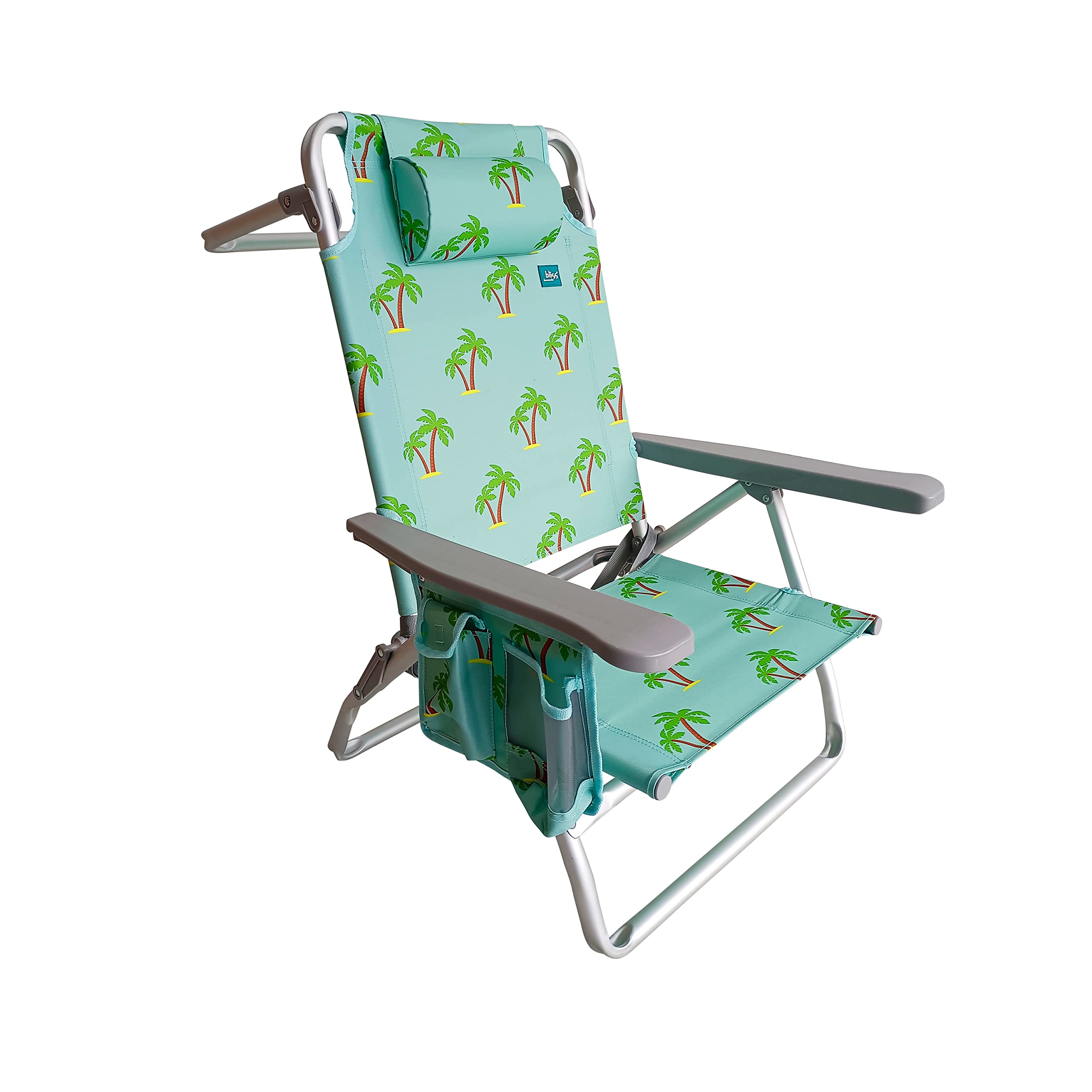Bliss Hammocks BBC-352-PT Folding Beach Chair, 5 Reclining Positions, Detachable Cooler Bag, Palm Tree