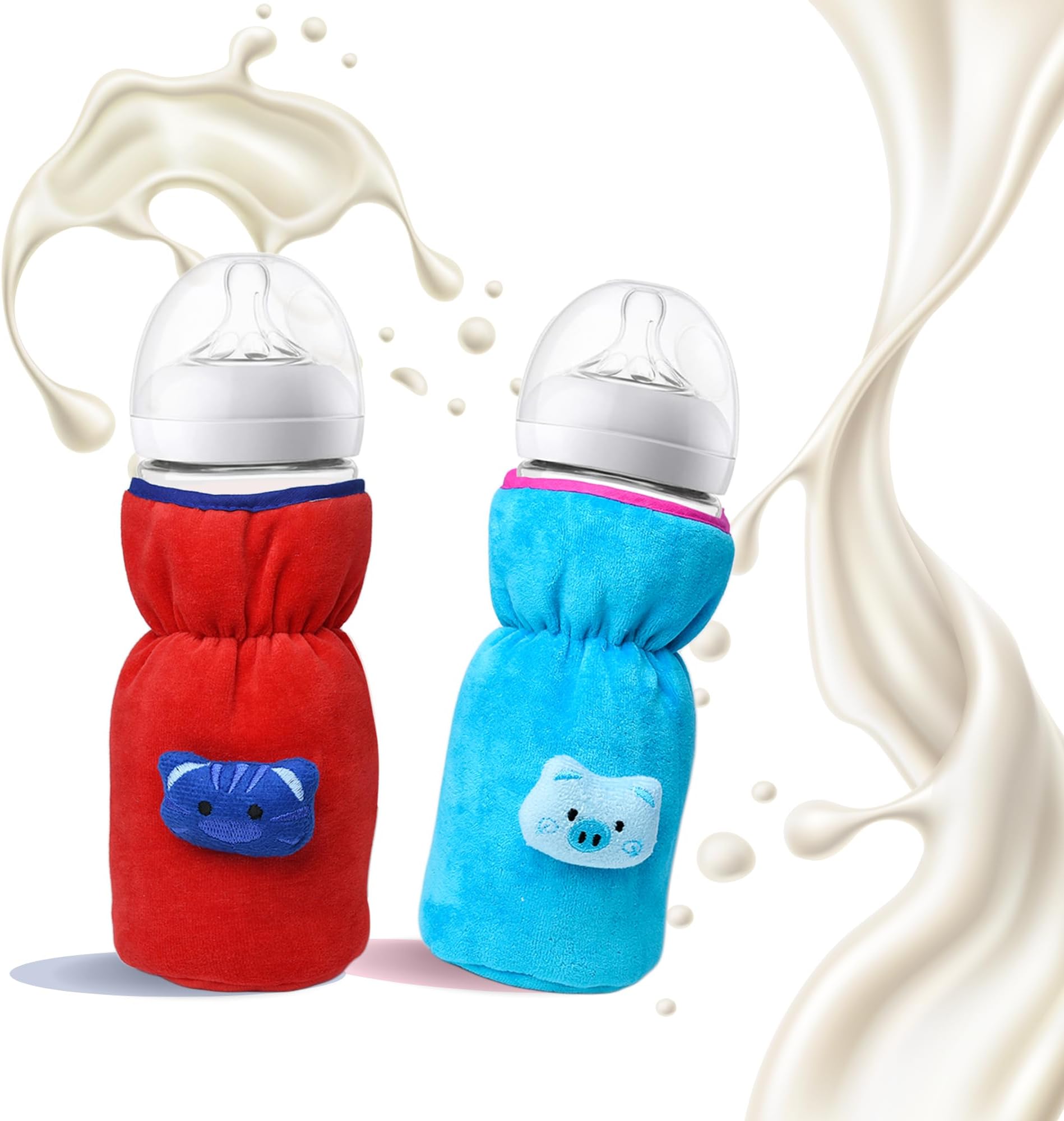 THE LITTLE LOOKERS Bottle Cover for Philips Avent/Wide Neck Feeders Soft Plush Stretchable Baby Feeding Bottle Cover with Easy to Hold Strap (Red & Blue, Wide Neck 240-330ml/8-11OZ)
