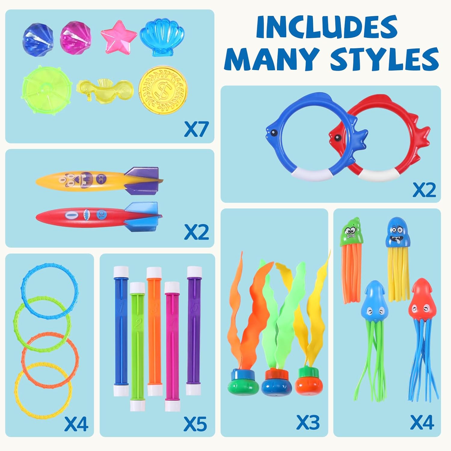 32 Packs Summer Pool Diving Swimming Essentials Water Toys for Kids, Fun Swim Games Sinking Set, Underwater Dive Easter Day Gifts with Storage Bag Include Torpedo Gems Shark Rings Sea Animals