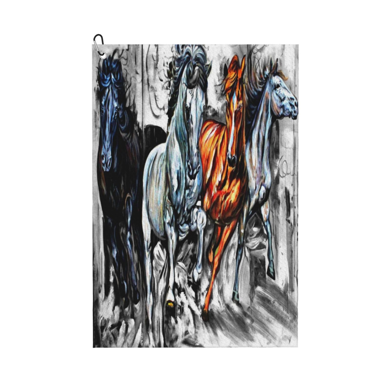 AOOEDM Four Running Horses Print Golf Towel with Carabiner Clip Absorbent Microfiber Golf Towel for Cleaning Golf Ball Club Putter Iron for Golf Bag Trolly Belt Loop 16" X 24"