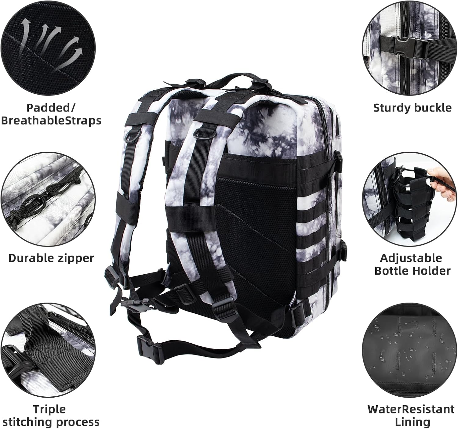 45L Large Tactical Military Backpack for Women and Men, Assault Pack Army 3 Day Molle Bug Out Bag with Adjustable Water Bottle Holder, Gym EDC Daypack Rucksack for Camping Motorcycle, Balck White Camo
