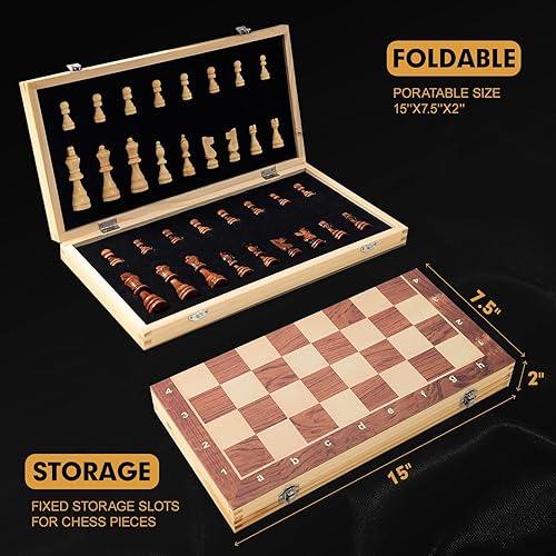 Miniatura 3 de Juego de ajedrez plegable de madera, magnético de 15 x 15 pulgadas, con 2 reinas extra, tablero de juego hecho a mano, interior para almacenamiento,