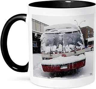 3dRose MTA City Bus front view after having an accident.Blizzard in Central Park, Manhattan, New York 15oz Two-Tone Black Mug