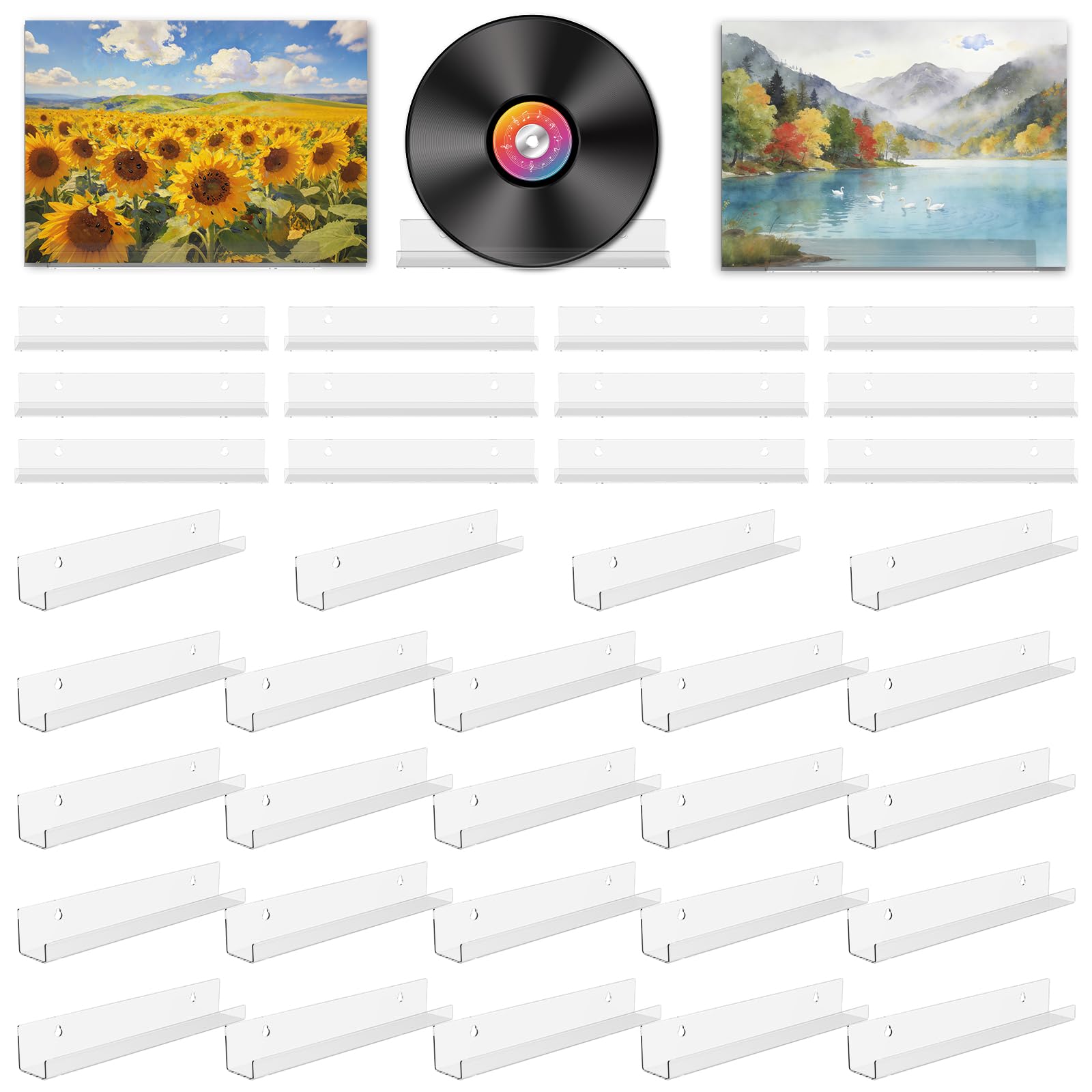 36 estantes flotantes estrechos para discos de vinilo de 30,5 cm, estante de pared transparente para esmalte de uñas, libros, imágenes, maquillaje, organizador de acrílico para dormitorio, salón, baño