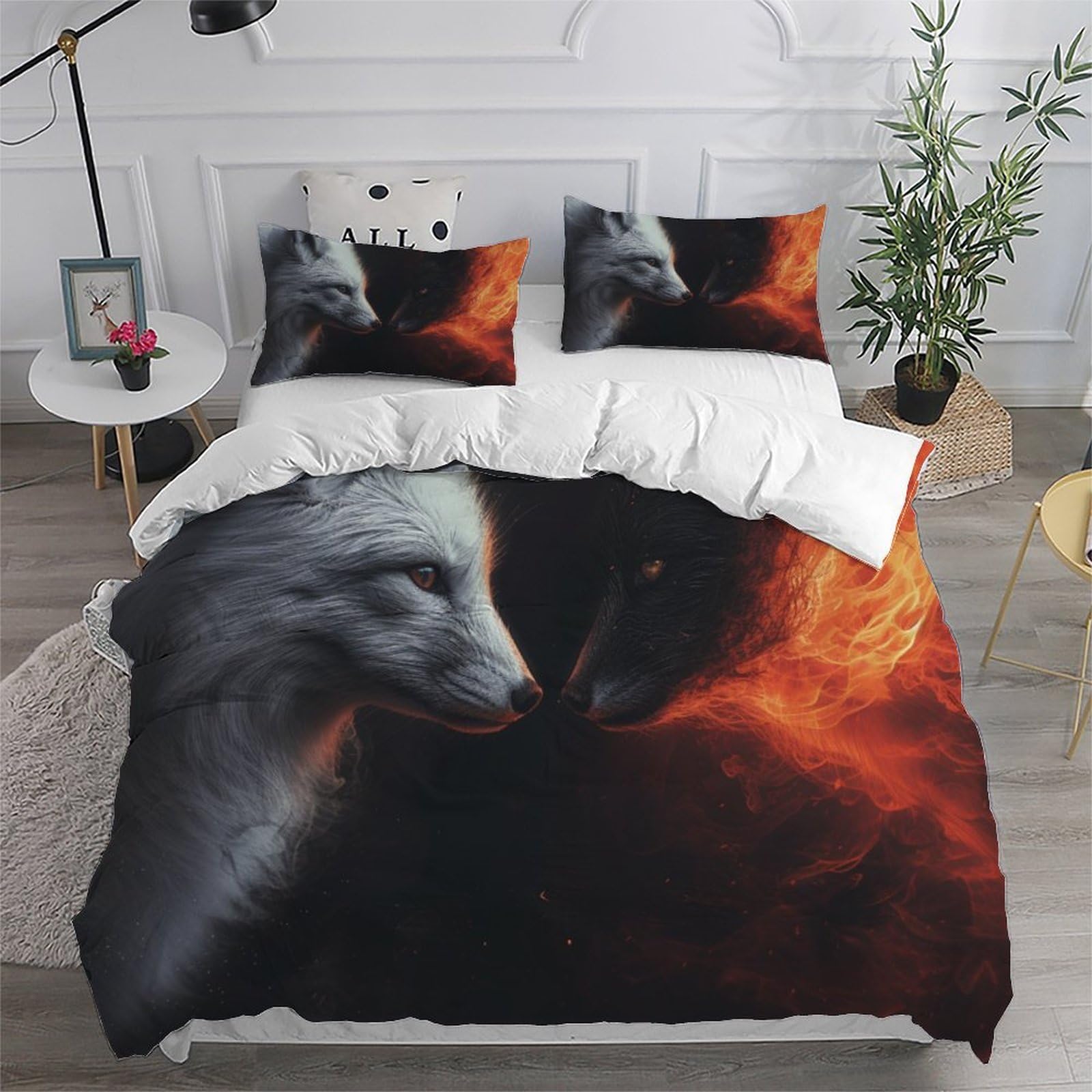 Volpe bianca e nerade Ropa De Cama 3D Niños 3 Piezas Microfibra 2 Funda De Almohada CremalleraKing（220x240cm）