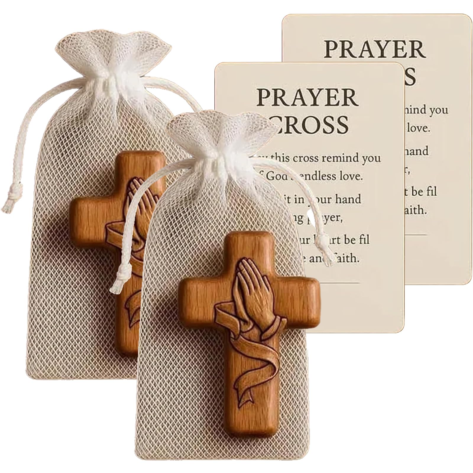 zhongko Wooden Pocket Prayer Cross, Prayer Cross Gift, Wooden Prayer Hands Cross, Both Hands Cross Mesh Handmade Wood Pocket Prayer for Christian Gifts Personal Spiritual Practice