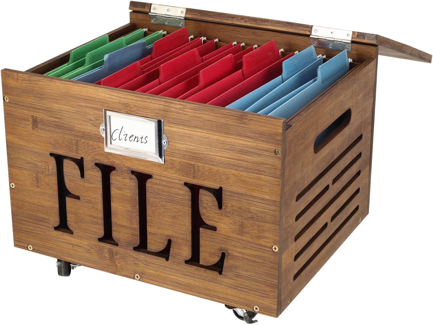 EasyPAG Bamboo Rolling File Box Storage Organizer with Lid