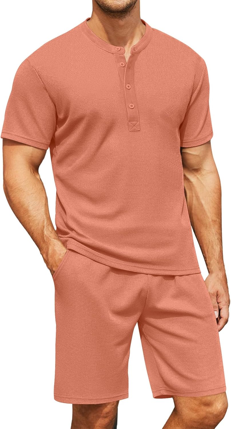 Men's Waffle 2 Piece Outfits Summer Tracksuits Set Casual Short Sleeve Stretch Henley Shirt and Short 3X-Large Light Orange