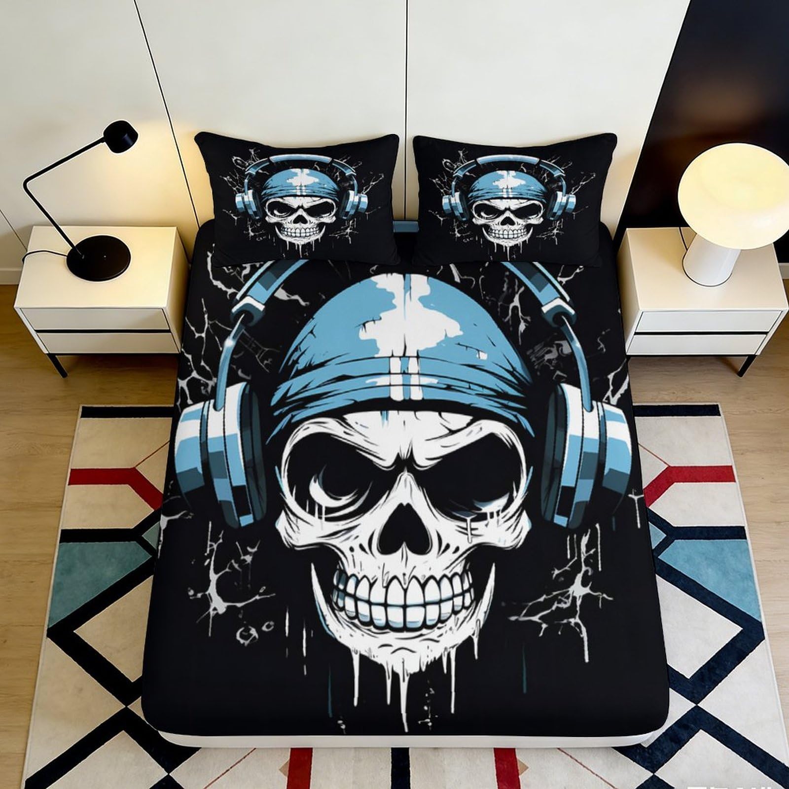 3D Printed Skull Fitted Sheet, Microfiber Soft Touch Bed Cover for Bedroom Decor, Wrinkle Resistant, Apartment Bedding, Black Blue, 120x200cm 90x200x25cm