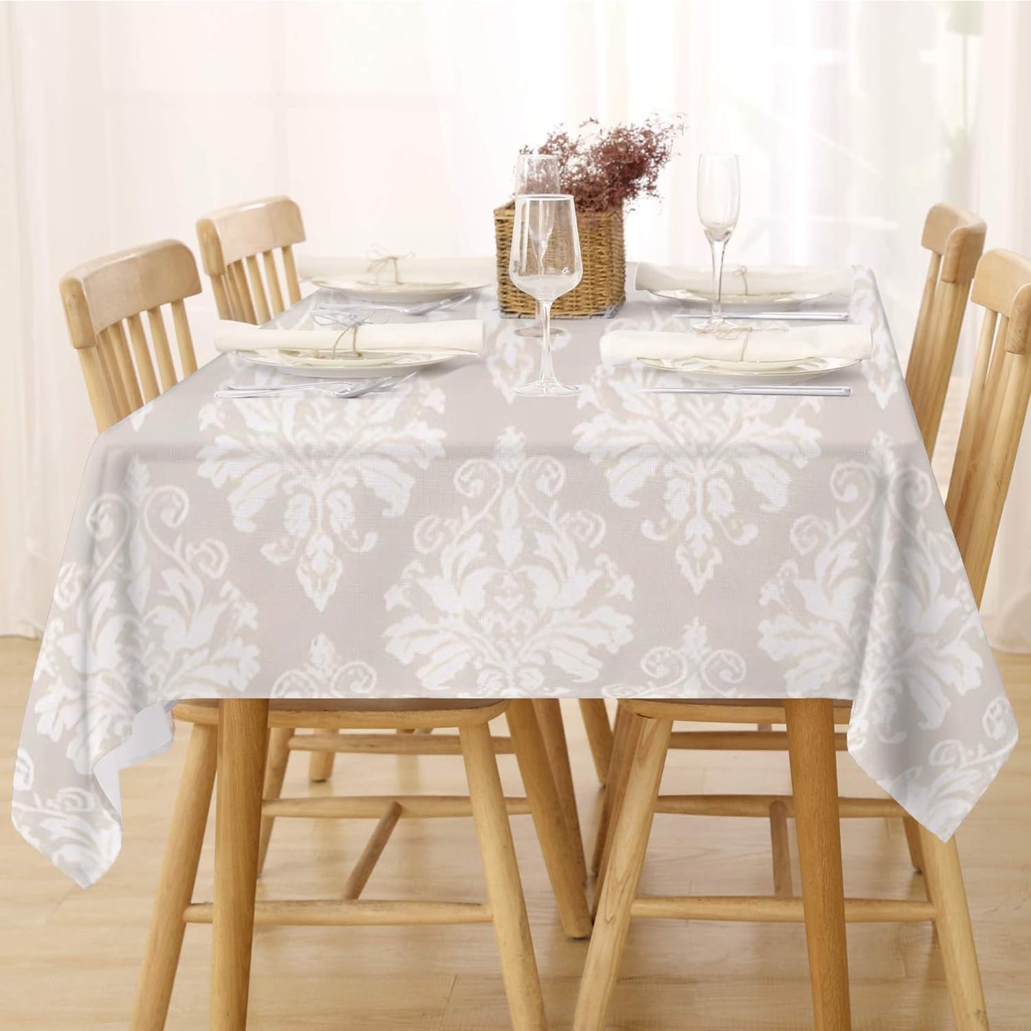 Fffasfy Brown Gray Table Cloth Wipe Clean Rectangle 137X274 Cm, Washable Wipeable Flower Tablecloth, Waterproof Dining Table Cover For 4-6 Seater Kitchen Outdoor Indoor Party Tabletop Decoration