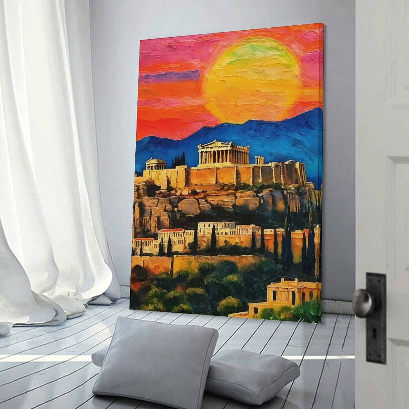 Junmoney Hanging Wall Art Acropolis Sunset Painting, 24x36inch(60x90cm), for Work Areas, Reading Rooms Or Studios, Wall Art That Adds Style to Work Areas