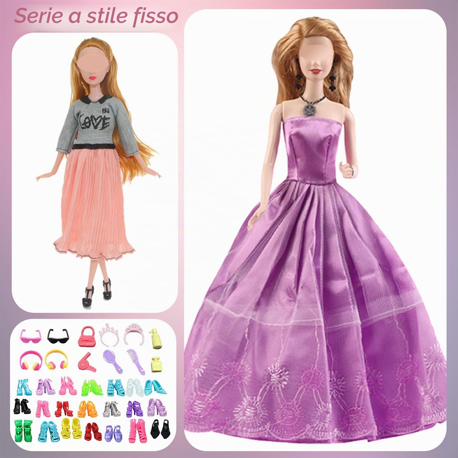 Vestiti per bambole compatibili con abiti Barbie, 6 abiti da sposa, 3 abiti alla moda, 1 top, pantaloni, 1 berretto, 1 casco, 8 costumi da bagno, 10 paia di scarpe per bambole da 29 cm