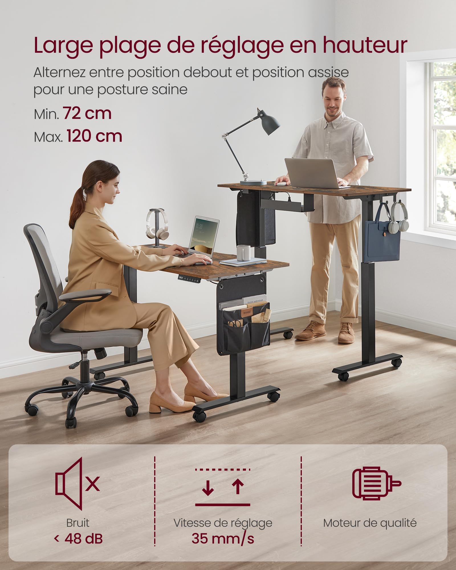 VASAGLE Bureau Assis-Debout, Bureau Électrique Réglable en Hauteur, 60 x 120 x (72-120) cm, Réglage en Continu, Fonction Mémoire 4 Hauteurs, Marron Rustique LSD172X01V01