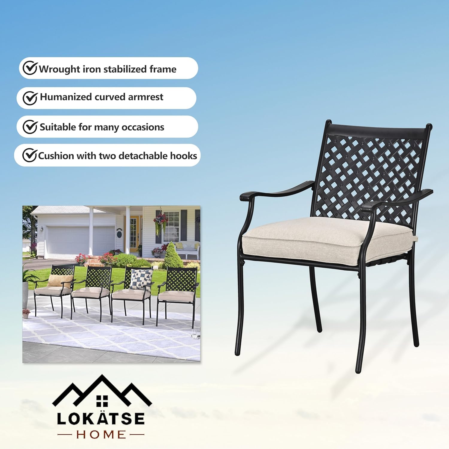 LOKATSE HOME 4 Sedie In Ferro Battuto Blu Con Cuscini Per Esterno - Set Da Pranzo Per Giardino, Balcone E Cortile