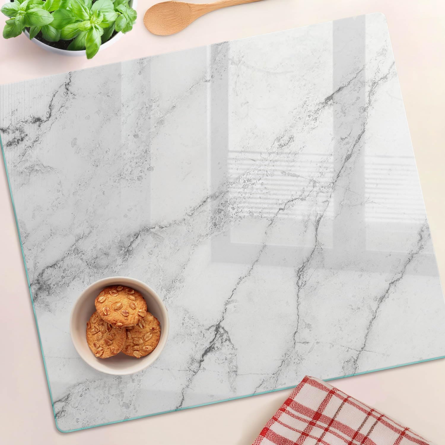Planche à Découper pour la Cuisine 60x52 cm Avec Impression Décoration Résistant à la Chaleur Modernité Symétrique Contact Alimentaire Bords Polis Pieds Antidérapants - Marbre