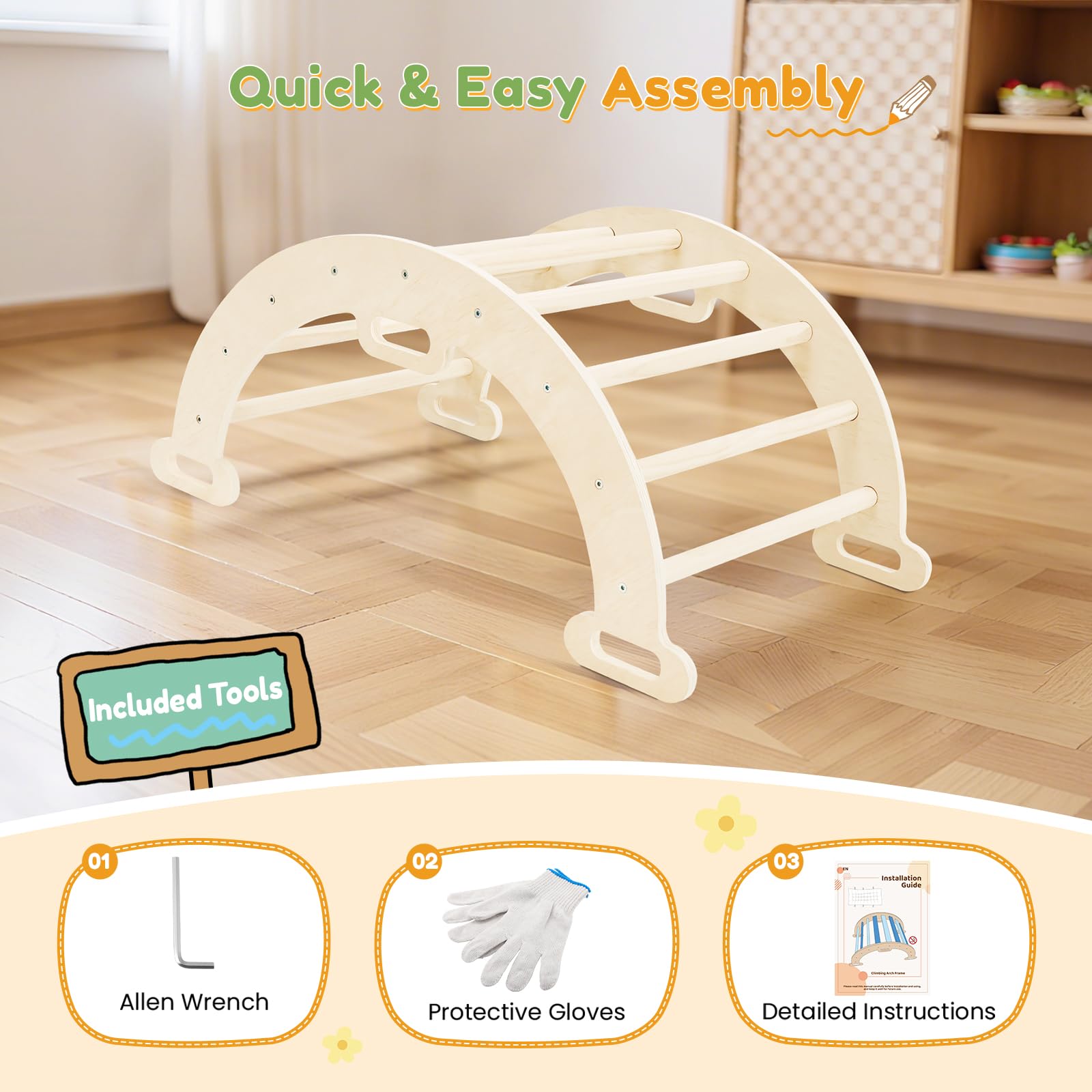 nmoiww Struttura da Arrampicata per Bambini 3 in 1, Scala da Arrampicata in Legno per Bambini con Cuscino Accogliente, Palestra da Gioco Montessori per Interni (Colore Naturale-2.5cm)
