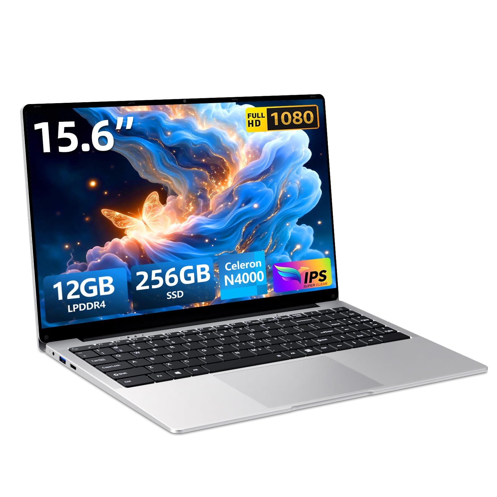 Ordenador Portátil 15,6 Pulgadas, 12 GB RAM LPDDR4 256 GB SSD Celeron N4000 procesador Laptop, PC Portátil con pantalla FHD 1080p, rotación de 180°, USB 3.0, mini HDMI, ranura para tarjeta TF, WiFi