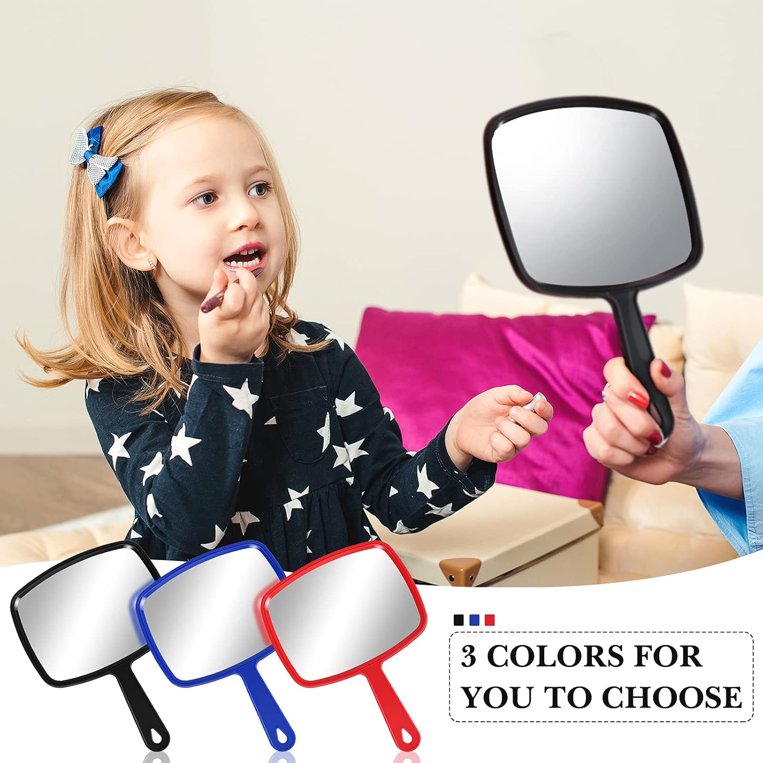 3 Pieces Hand Mirror Handheld Cosmetic Mirror with Handle, Makeup Hand Mirror Hairdressers Paddle Mirror Portable Vanity Mirror for Travel, Home and Salon Use (Red, Black, Blue, 9.17 x 6.53 Inch) : Beauty & Personal Care