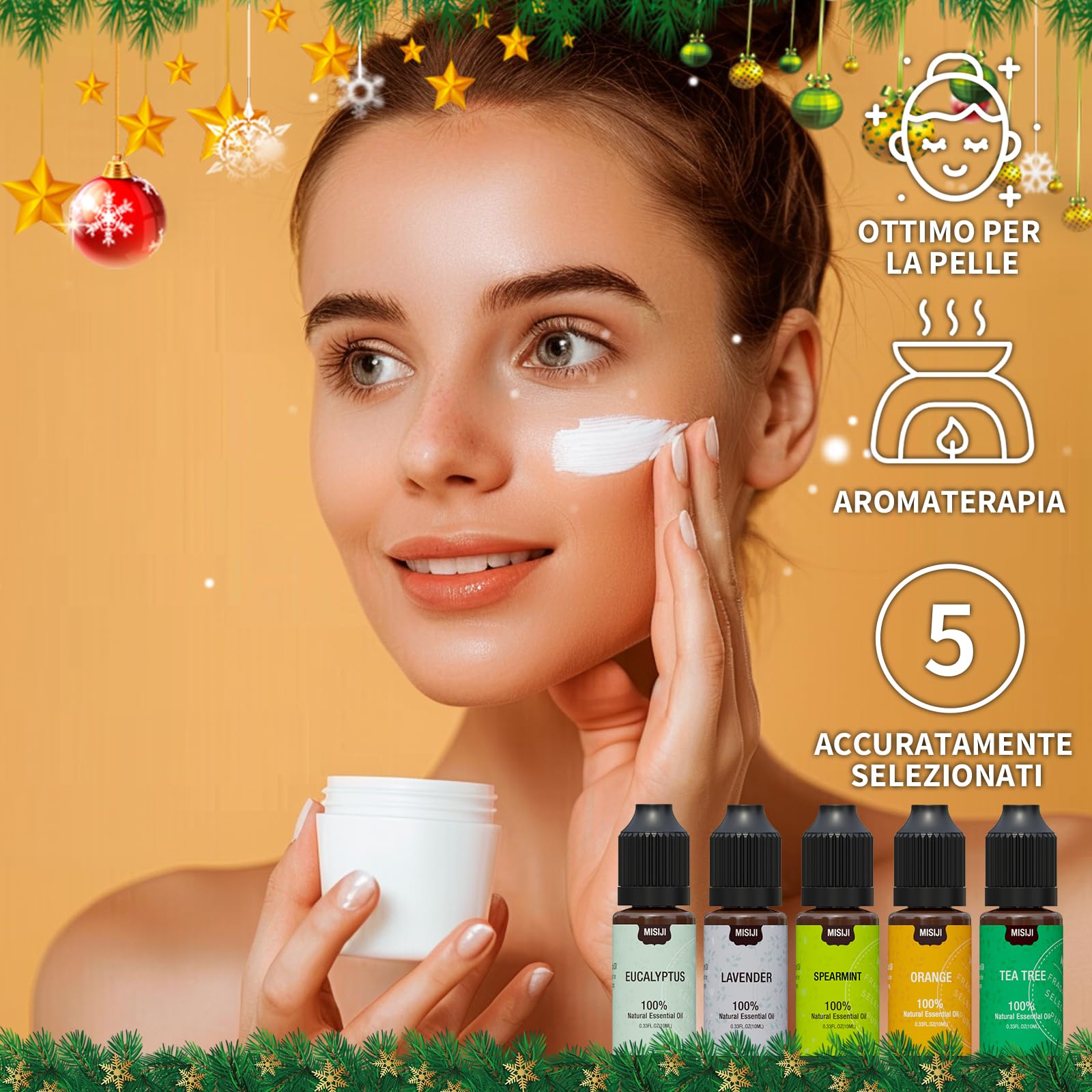 MISIJI Set di oli essenziali per diffusori,per la casa, lavanda, menta, tea tree, eucalipto, arancio, 5 X 10ML