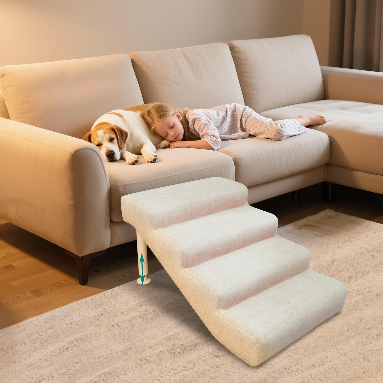 Hundetreppe rutschfeste Hunderampe Weiche Haustiertreppe Höhenverstellbar Mehrstufig wählbar Haustiertreppe für Hunde und Katzen (Beige, M, 4)