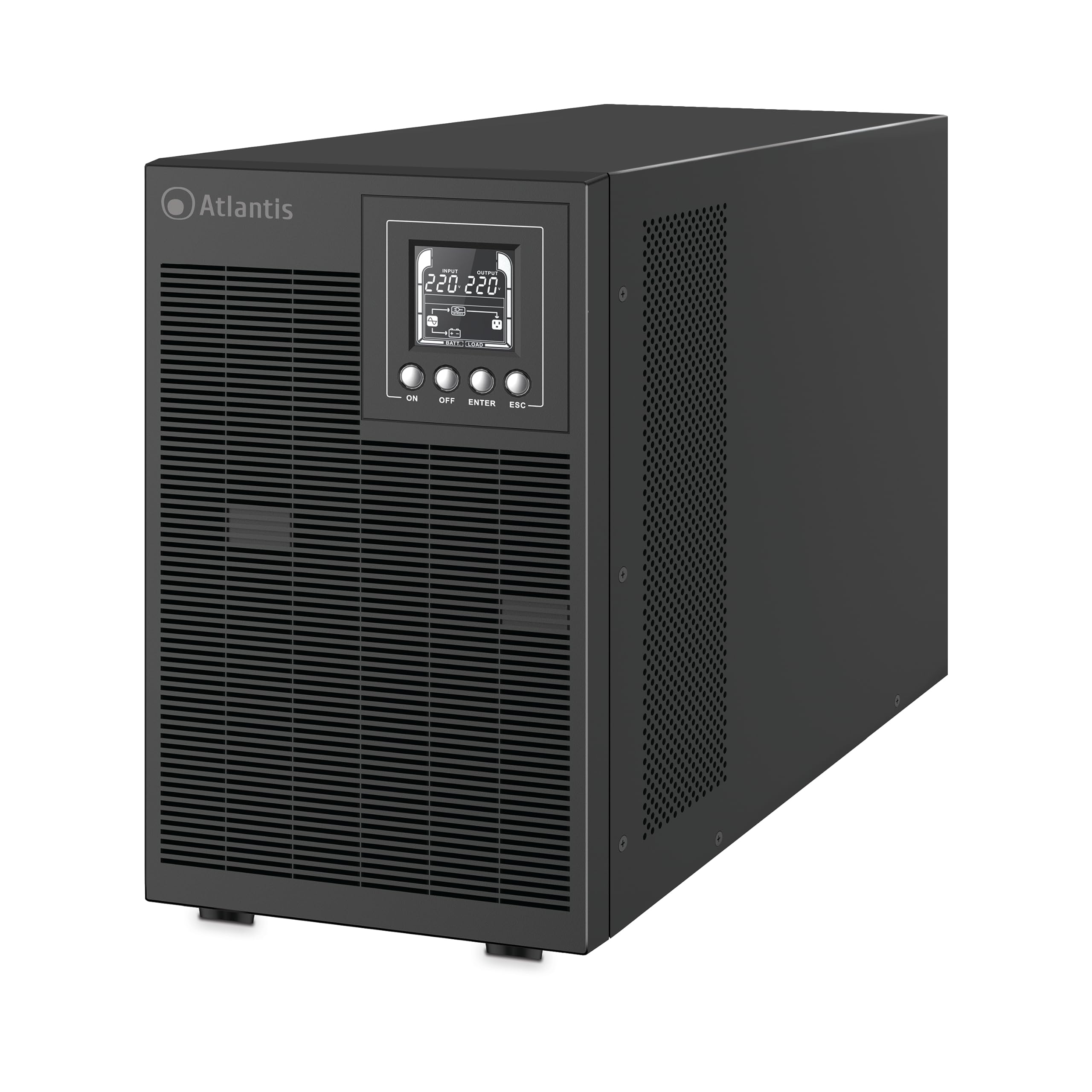 Atlantis A03-OP3002XLN UPS OnLine 75% Più Silenzioso Gruppo di Continuità Server Doppia conversione Onda Sinusoidale Pura 3000VA 2100W, Ventole Low Noise Gelid 31,3 dbA,USB,4 IEC, slot, 6x12V-9Ah