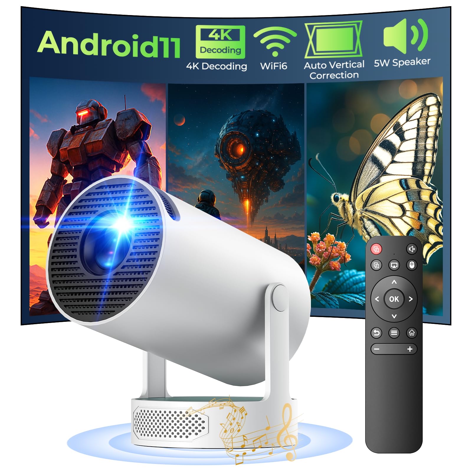 Projector - Mini Projector with Upgraded HiFi Speaker, [Built-in Apps] Projector 4K WiFi6 & 5.0 Bluetooth Portable Projector with Auto Keystone Correction for Projector Screen in Room