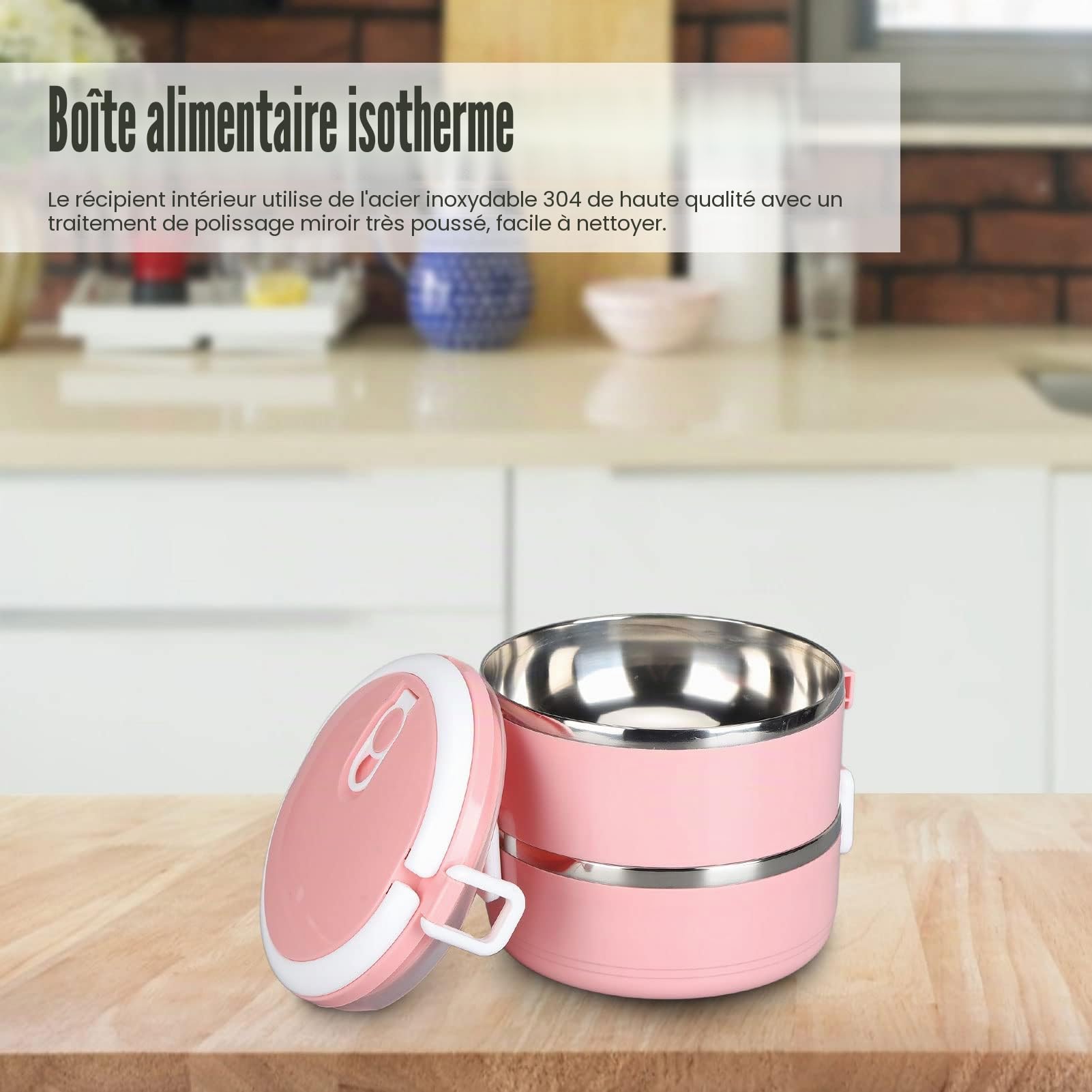Boîte à lunch isotherme,boîte à bento en acier inoxydable 304. boîte à lunch isotherme empilable, contenants à lunch ronds, contenants pour aliments chauds, boîte à aliments thermique(2 Layer-Ros