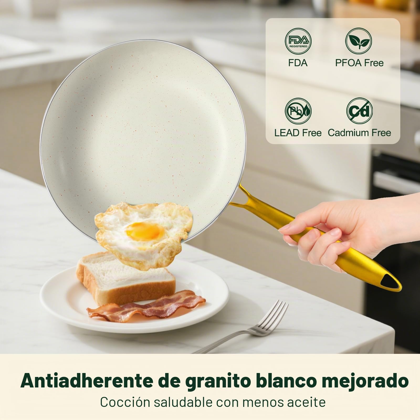 M MELENTA Juego de ollas y sartenes antiadherentes, juego de utensilios de cocina de inducción de granito blanco, juego de cocina antiadherente con mango dorado y utensilios, apto para horno (PFOS