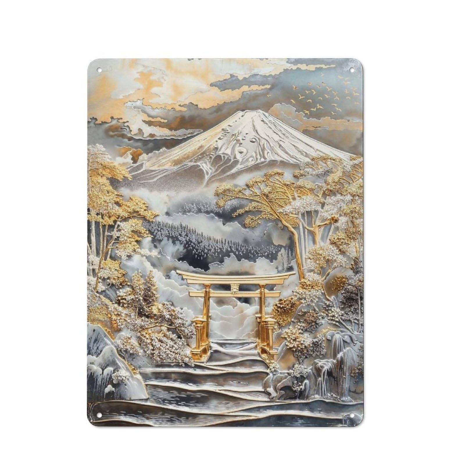 Junmoney Style-11 Tin Wall Plaque 40X30cm With Mount Fujis Golden Gateway For Workshop Wall, Housewarming Wall Decor For People Furnishing Workshop