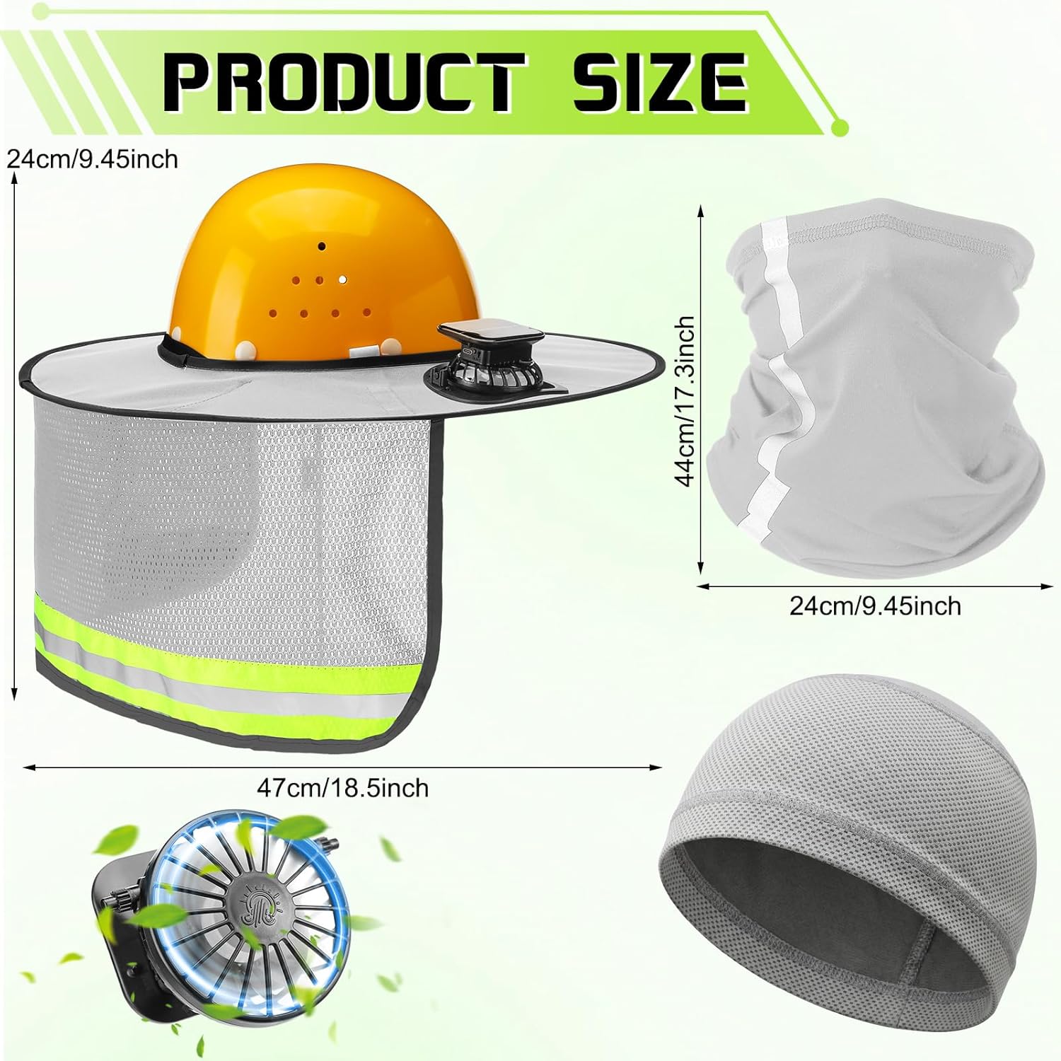 1 Sun Hard Hat Shade Full Brim with Solar Fans, Cooling Helmet Liner, Neck Sunshade Cover High Visibility Mesh with Reflective Strip Summer Protection Accessories(Light Gray)
