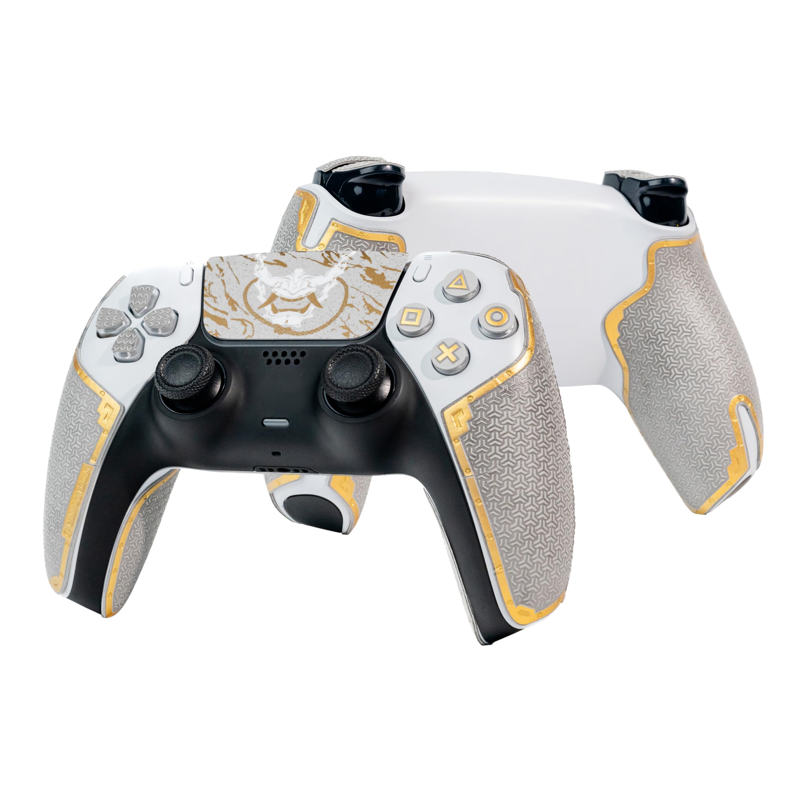 Poignées de manette pour PS5 DualSense, antidérapant, multi-texture, absorption de la transpiration, ruban adhésif prédécoupé (gris cendré et doré, série Guardian 2.0 pour DualSense)