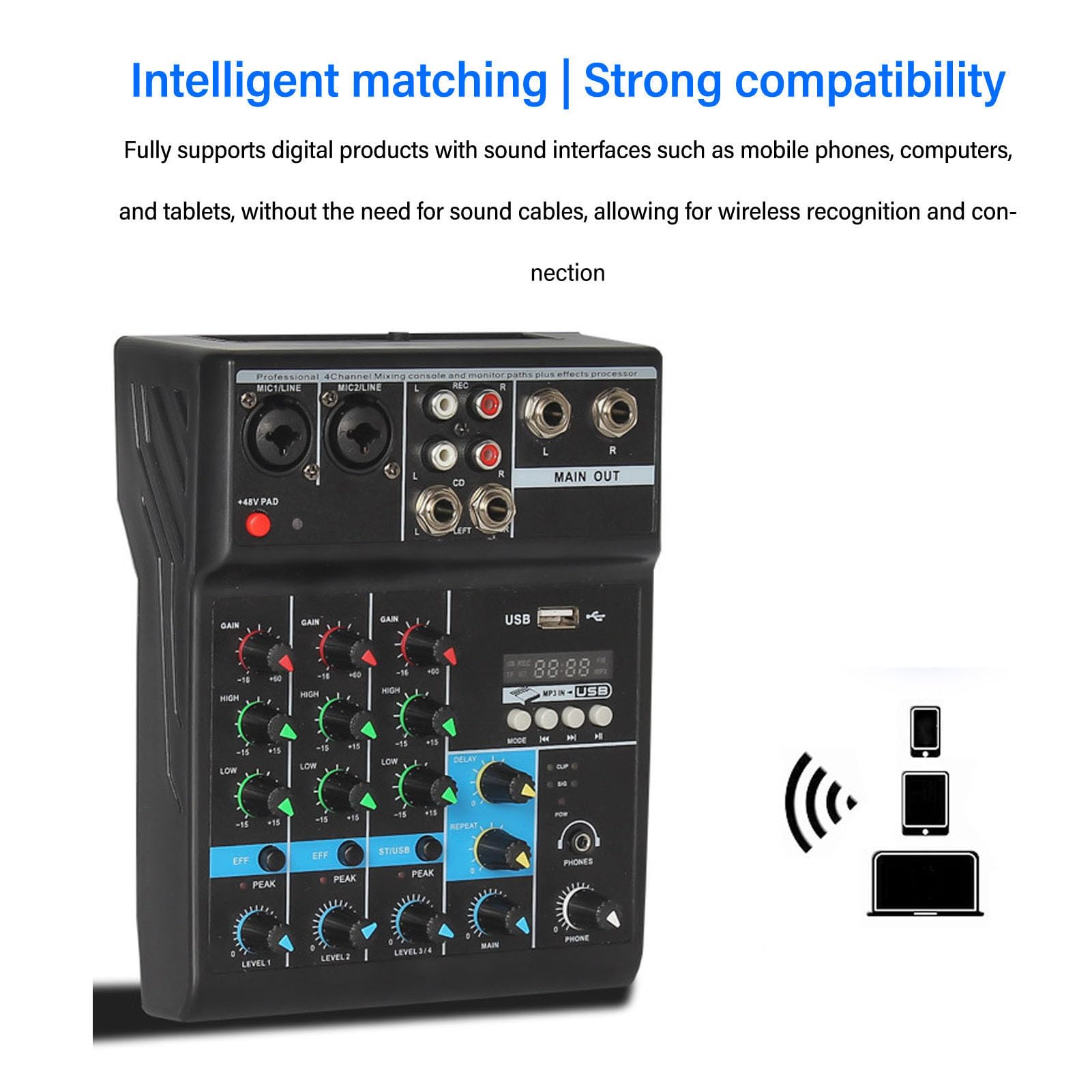 Mixer Audio Professionale con Scheda di Missaggio Audio, USB MP3 a 4 Canali, Alimentazione Phantom 48 V Stereo DJ Studio Streaming FX Processore DSP a 16 Bit