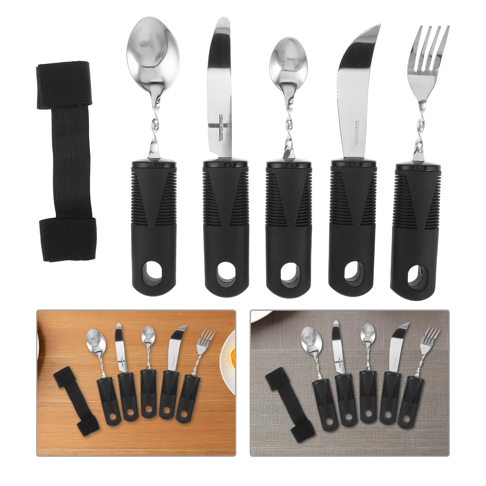 ibasenice Set Posate Adattabili per Anziani e Disabili Cucchiaio e Forchetta Pieghevoli Anti-Vibrazione Manico Ergonomico in Acciaio Resistente Fascia di Fissaggio per Assistenza Pasti