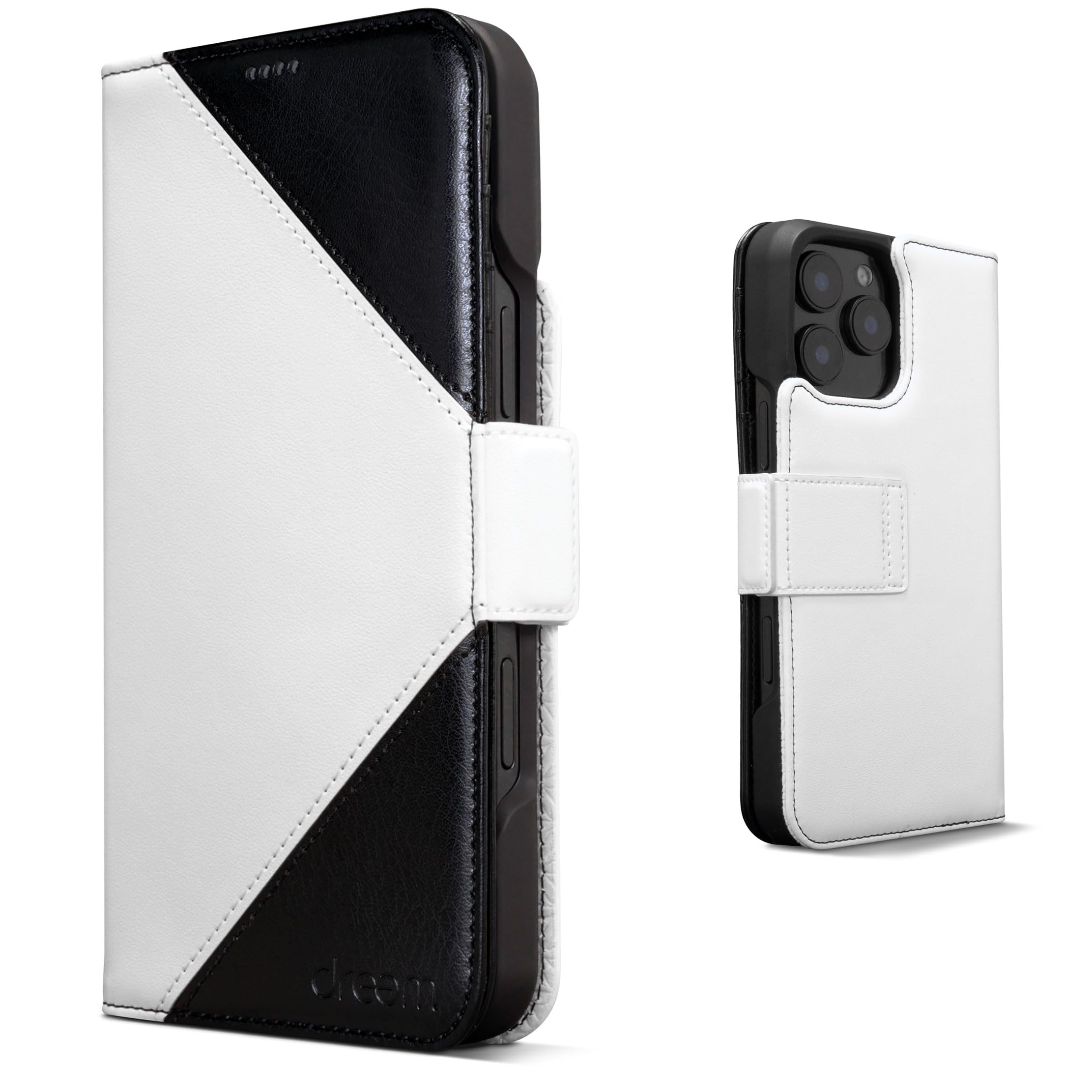 Dreem Etui do iPhone'a 16 Pro Max, rewolucyjny stojak na telefon, wegańska skóra, magSafe-Fit, magnetyczne odpinane etui z klapką, uchwyt na kartę blokującą RFID, pudełko prezentowe [Fibonacci: biały
