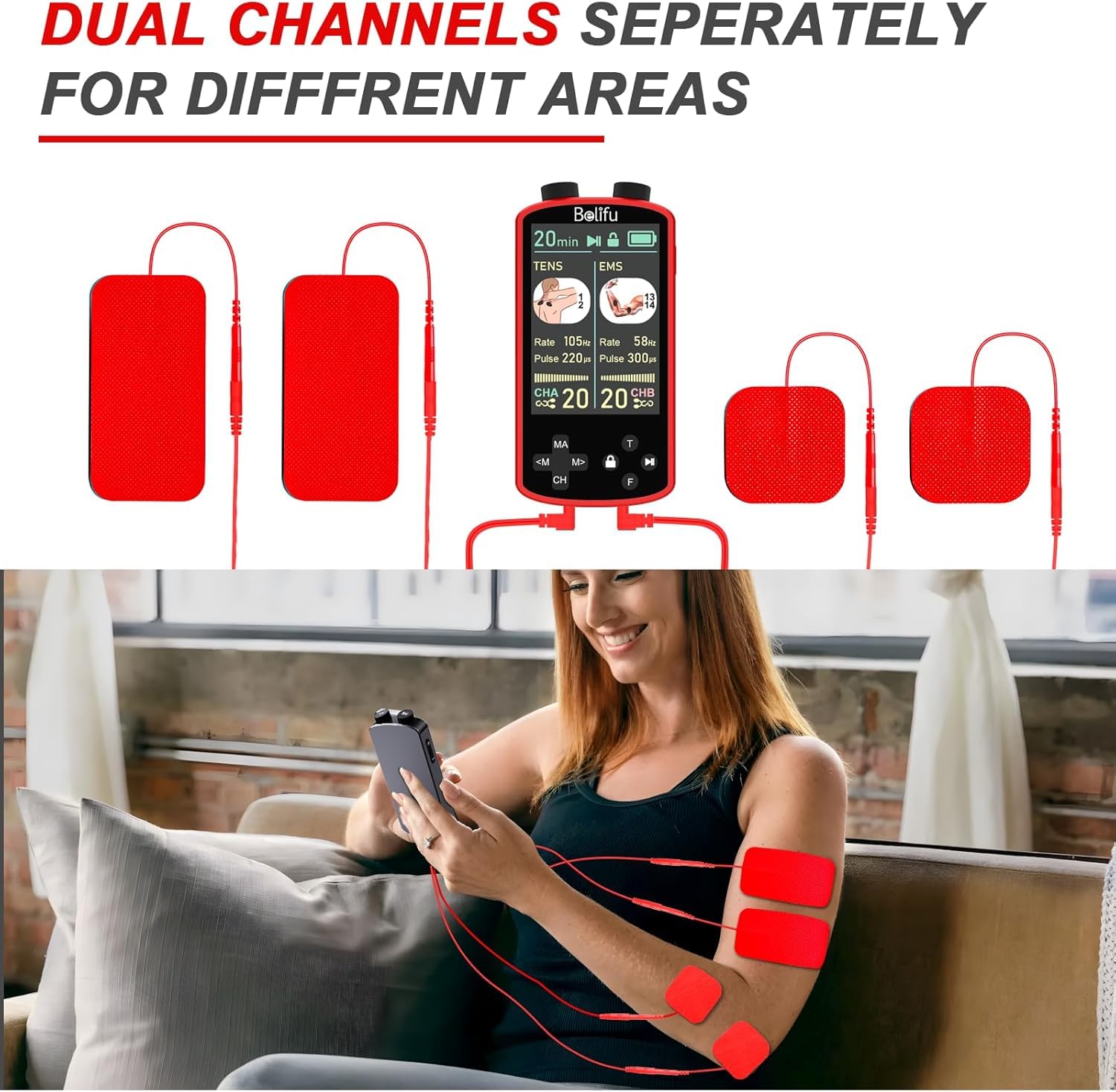 TENS EMS Unit Muscle Stimulator for Pain Relief Therapy - 4 in 1 TENS EMS Relax Custom Frequency+Pulse - Muscle Massager 36 Modes 20 Intensity, Memory & Favorites Function, 3.8" Color Display - Red — Amazon image 6