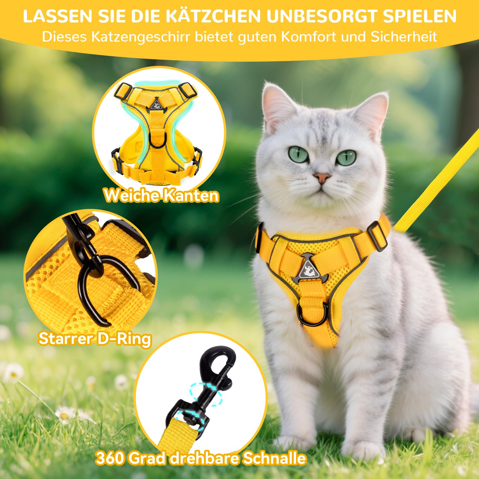 Arnés ajustable para gatos a prueba de fugas, arnés para gatos con correa, arnés suave para gatos, gatos, perros y cachorros (amarillo, S) - 4