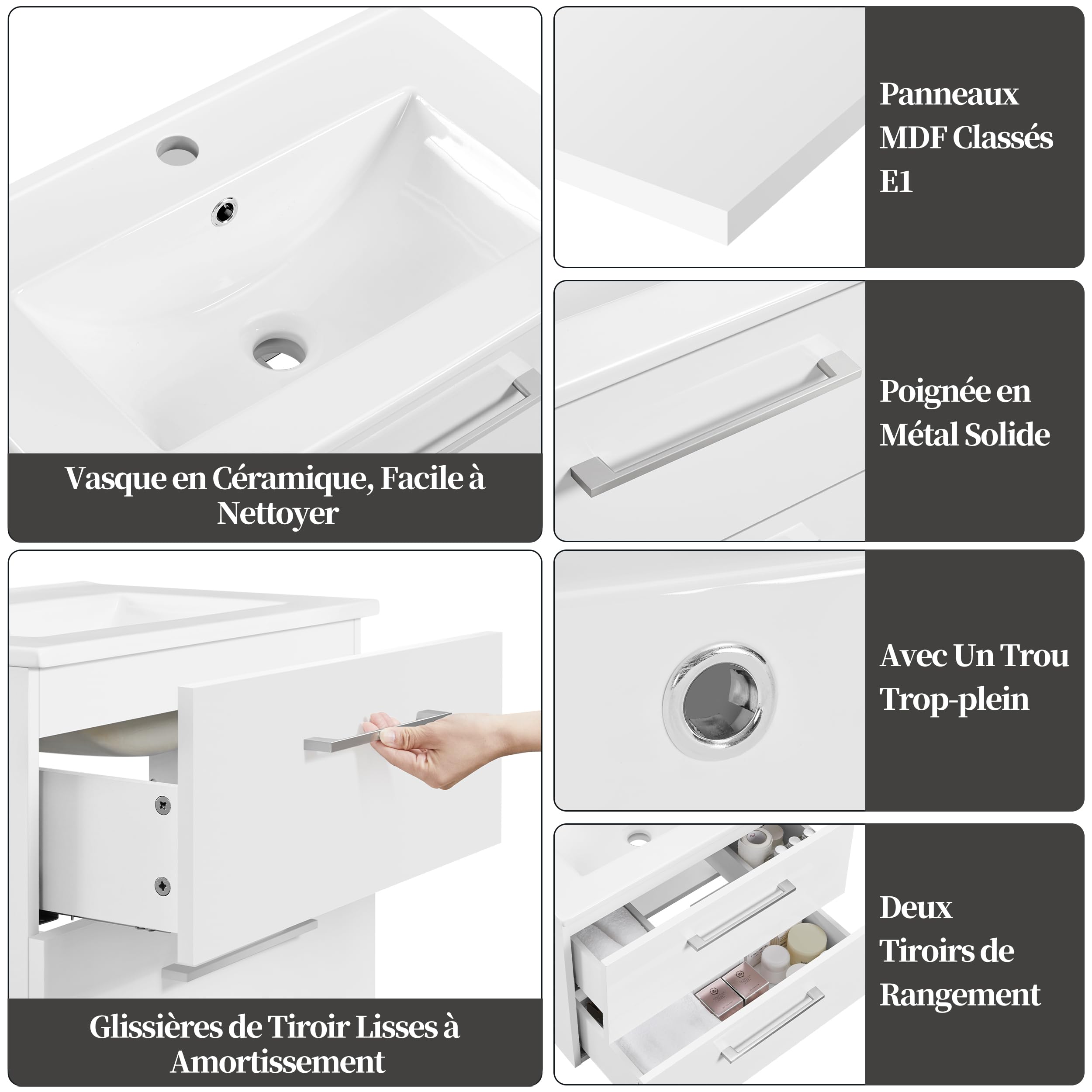 Yaheetech Meuble Salle de Bain avec Vasque Suspendu, Vasque Salle de Bain en Céramique, Meuble Lave Main WC, 61 × 39,5 × 45,5 cm, 2 Tiroirs, Désign Simple Moderne, Blanc