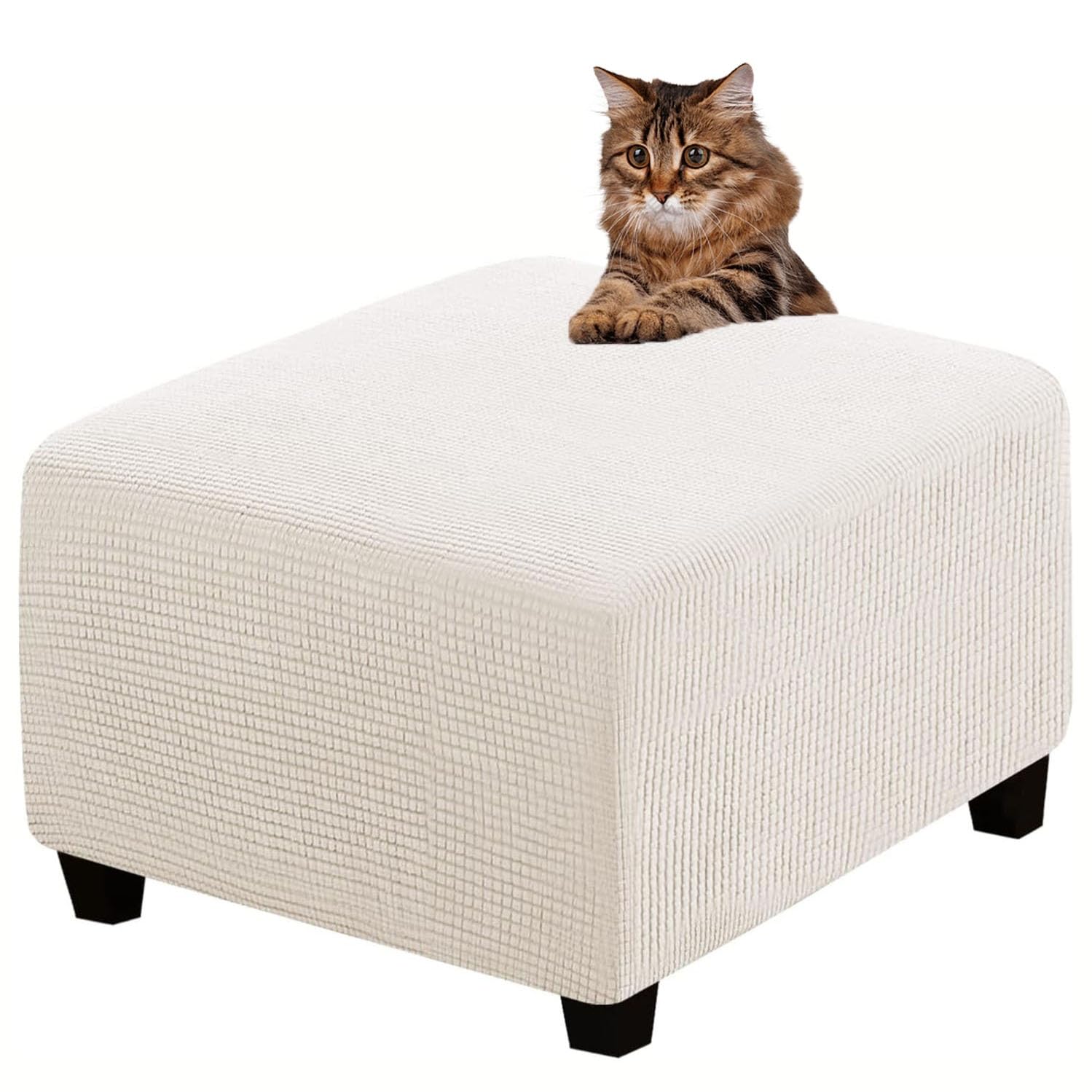Rtsfkfs Ivory Ottoman Cover Slipcovers Square Fit Length 13"-44" Footrest, Stool Covers, Ottoman Protector Cover, Footstool Covers With Stretch Thick Checked With Elastic Bottom, Removable Washable(,Xxl(85-111