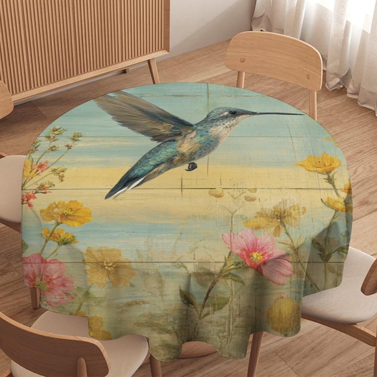 LUYYSKY Beautiful Retro Birds Hummingbird Round Tablecloth Mid Century Classic Wooden Board Animals Hummingbirds Floral Washable Decor for Table Cover for Kitchen-177.8" Wx177.8 L cm