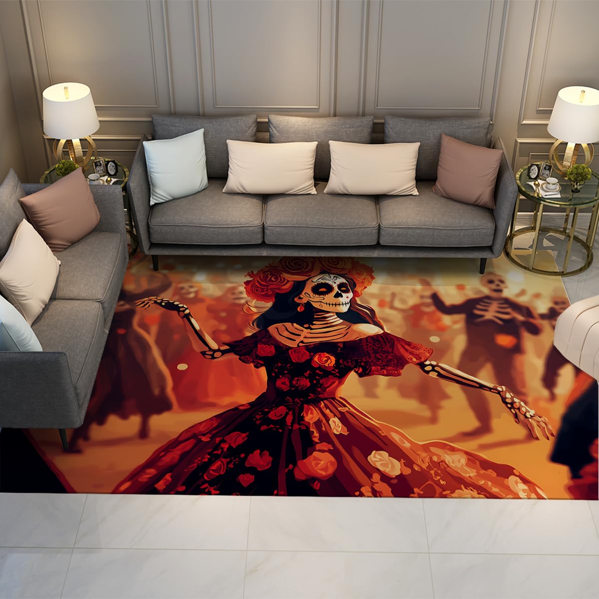 Tapis de sol lavable 160x230cm motif crâne roses colorées tapis poils ras salon