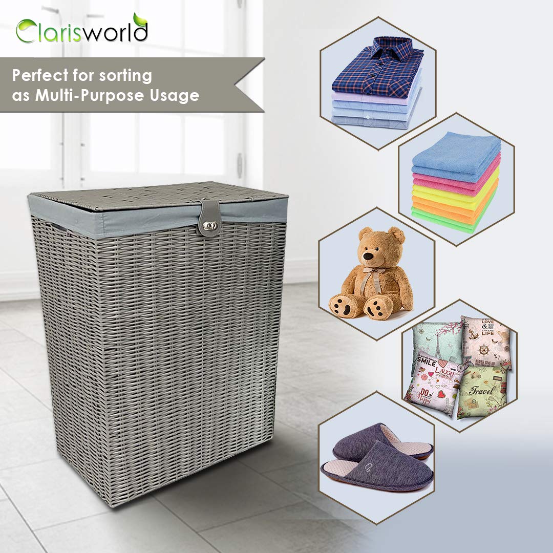 Clarisworld Cesto portabiancheria in resina con coperchio, serratura e fodera rimovibile, cesto portaoggetti (grigio) L 45 x P 32 x A 59 cm