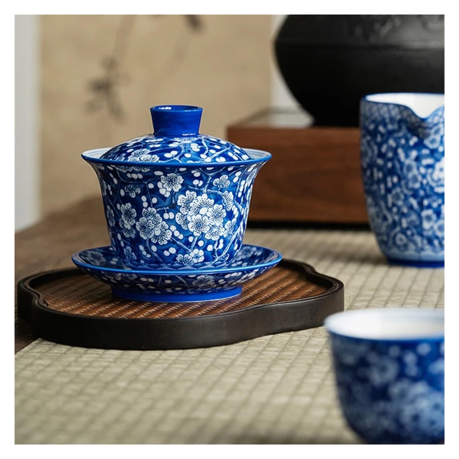 185ml Duża Śliwkowo-niebieska I Biała Gaiwan Na Herbatę Ceramiczna Waza Teaware Cup Chińskie Miseczki Vintage Chawan Zestaw Do Ceremonii Herbacianej Elegancja Jest Ponadczasowa(Gaiwan)
