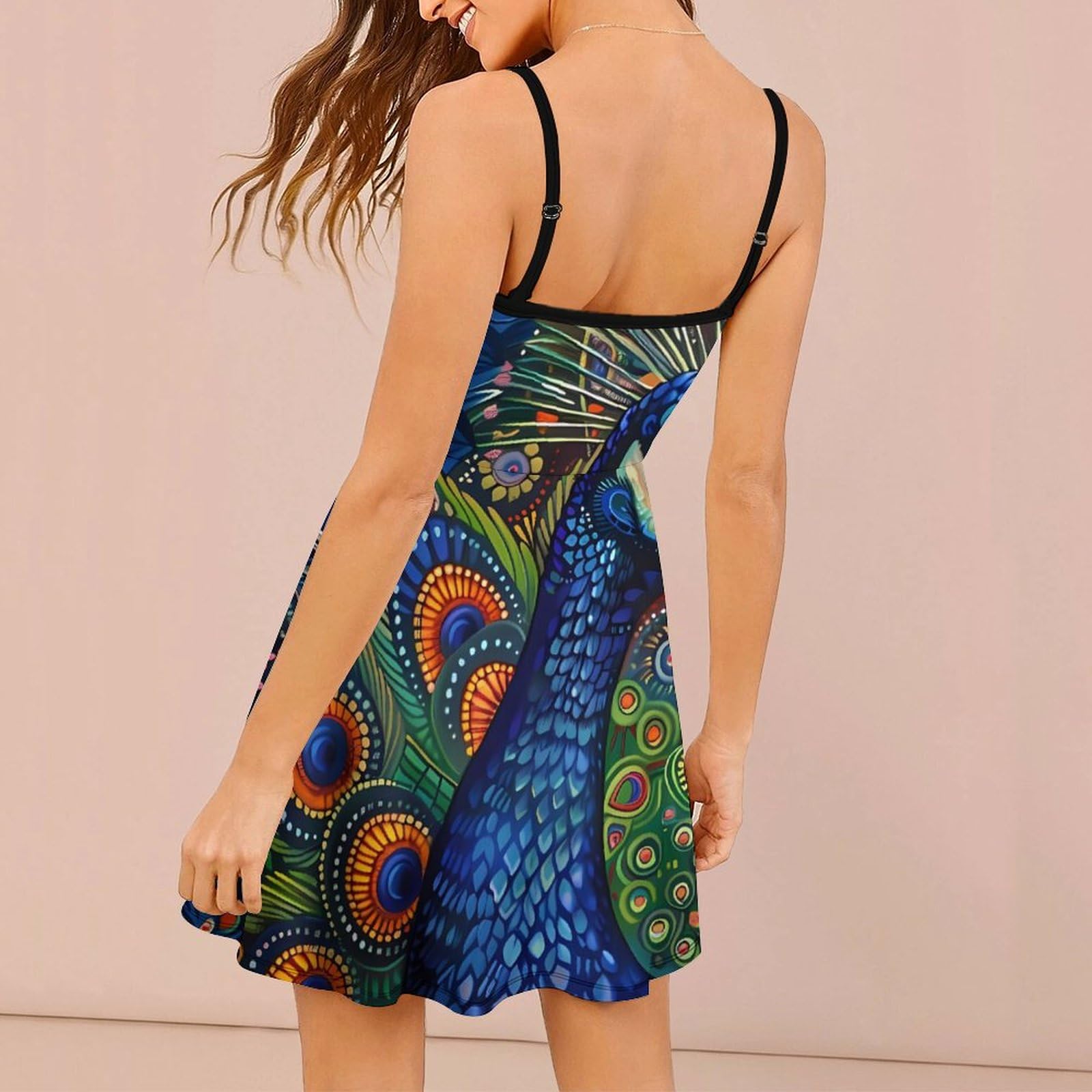 Colorful Paisley Peacock Rainbow Bird Women's Spaghetti Strap Mini Dresses Casual Sleeveless Dress Backless Beach Sundress M