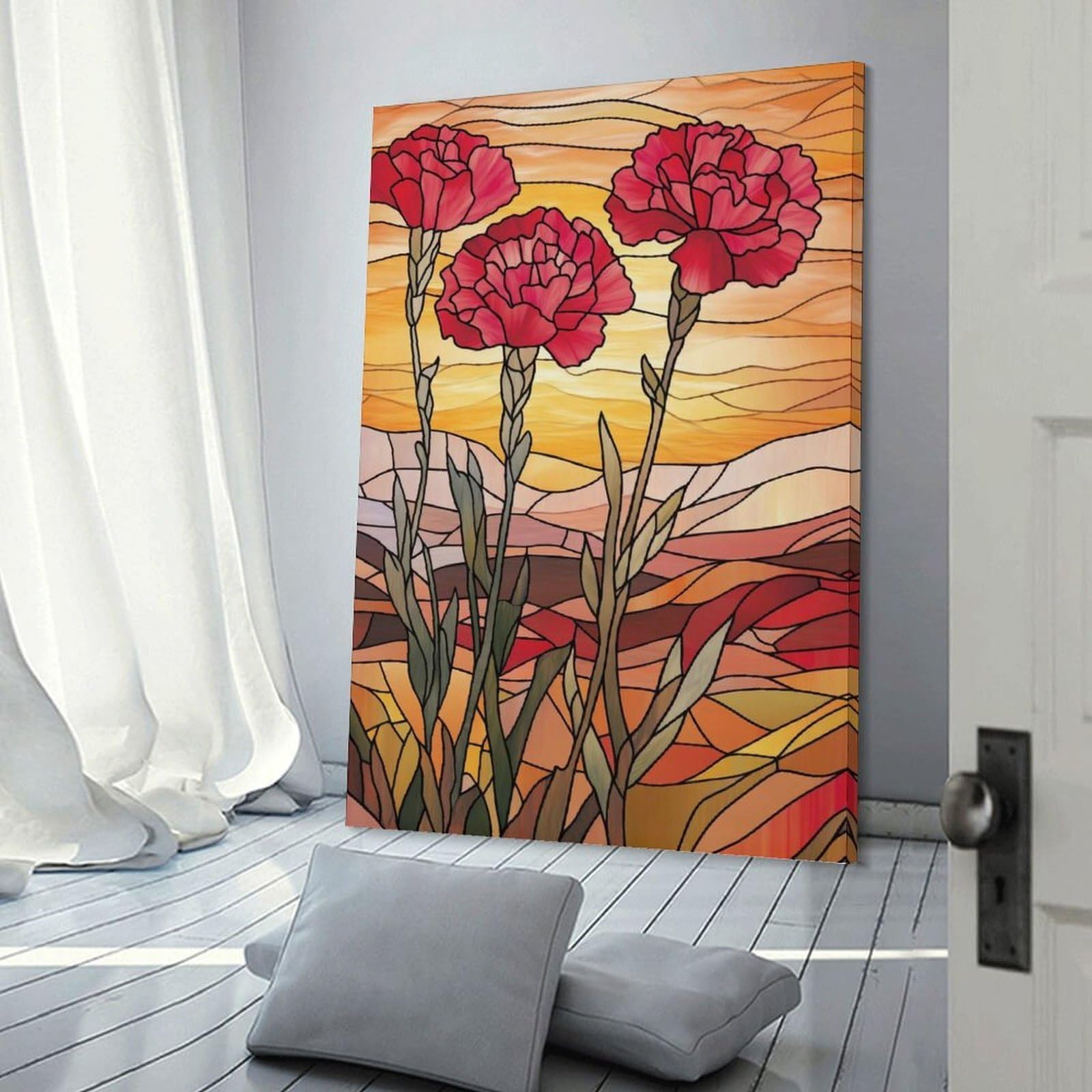 Junmoney Wall Decor Canvas Print Stained Glass Carnations, 08x12inch(20x30cm), for Study, Office Or Focused Interiors, Wall Art That Adds Style to Work Areas
