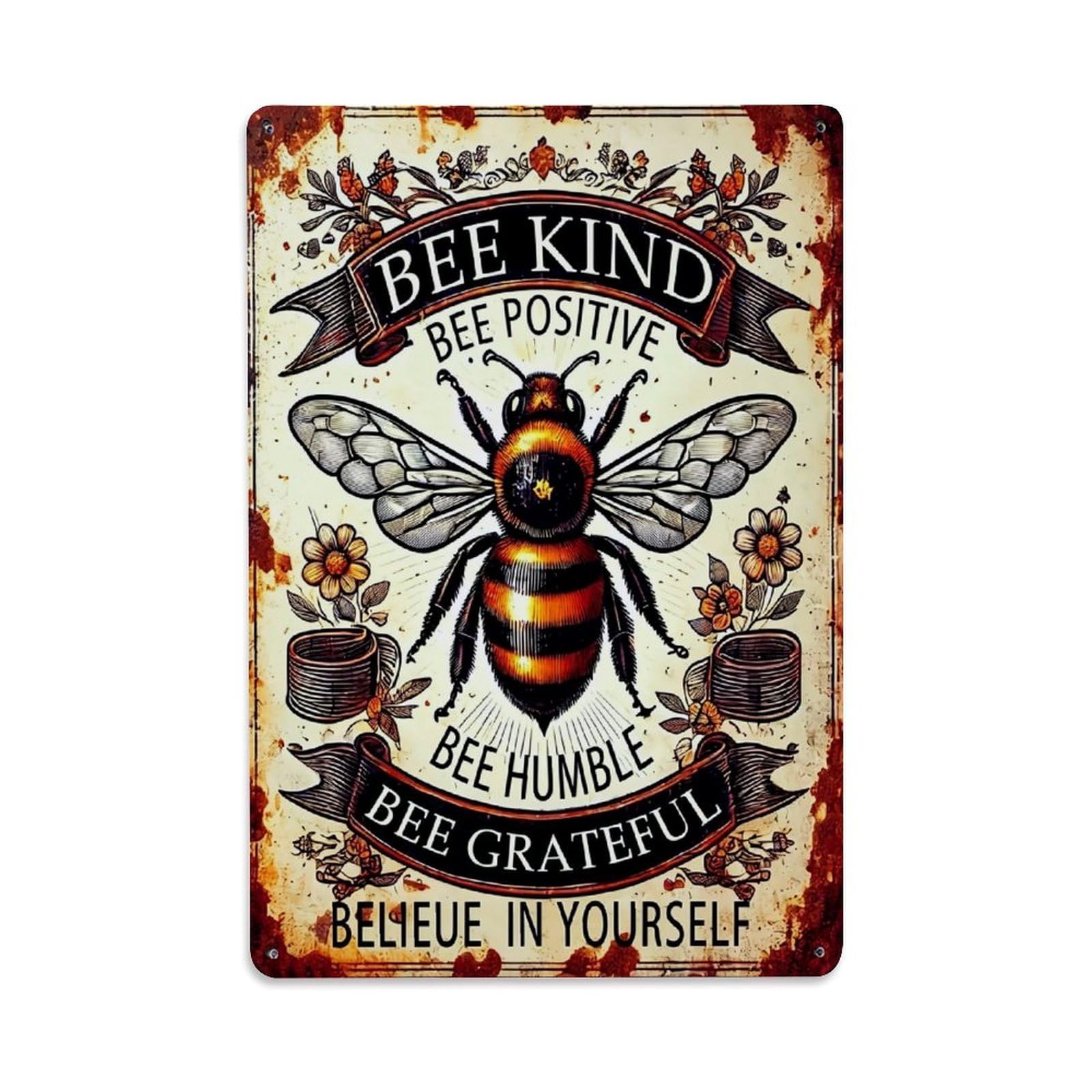 Bee Kind Positive Humble Grateful Retro Metal Tin Sign, Vintage Metal Poster for home, Gaming Room, Studio Workshop,Bar,Garage Wall Art Decor 8x12 Inch