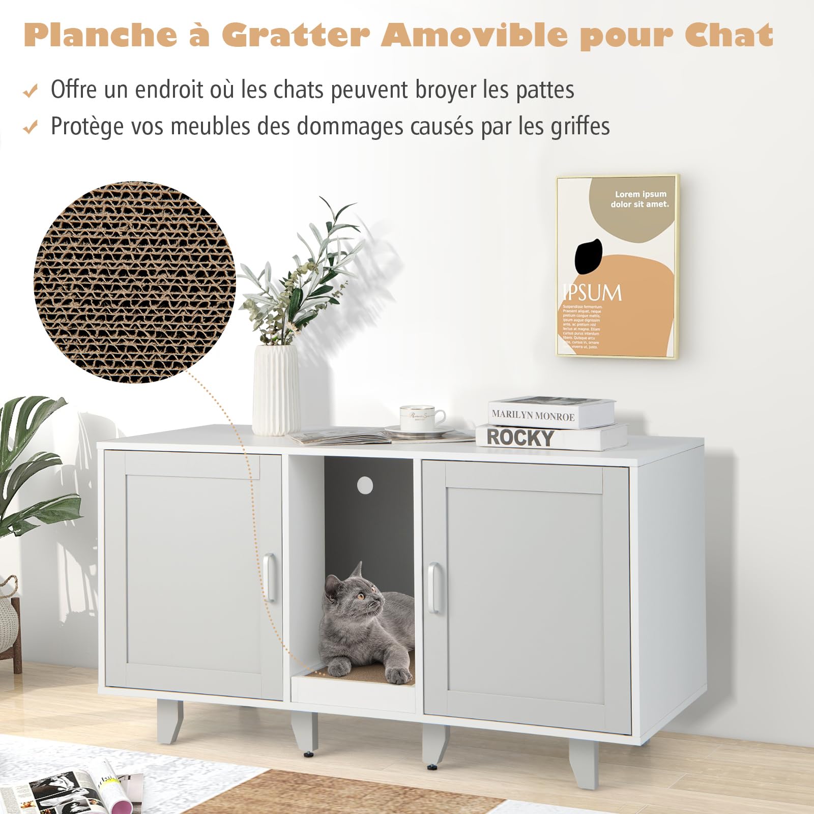 GOPLUS Meuble Litiere Chat 3 en 1, Maison de Toilette Chat en Bois 52x120x65CM, Cache Litiere avec 2 Porte, Pieds Réglables, Planche à Griffer Détachable, Trou de Ventilation, Table TV, Moderne
