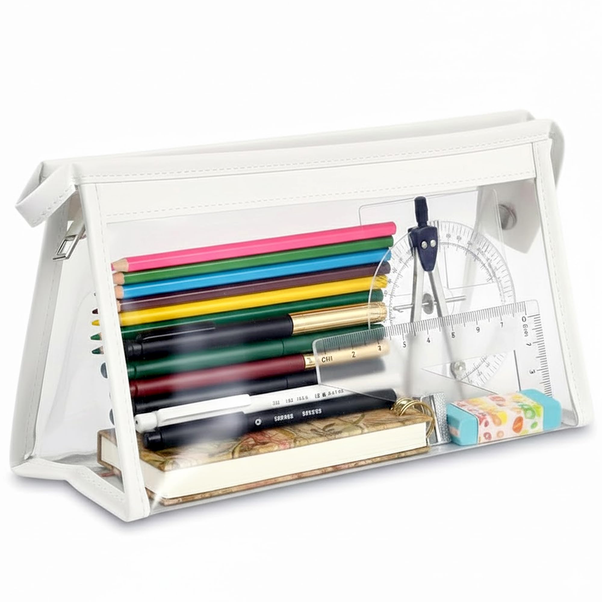 GLUN ® Stationary Transparent Pouch with Zipper Closing for Girls & Boys,Pouch for School,Collage,Office,Cosmetic Use Bag for Women,Multi-Purpose Bag,White