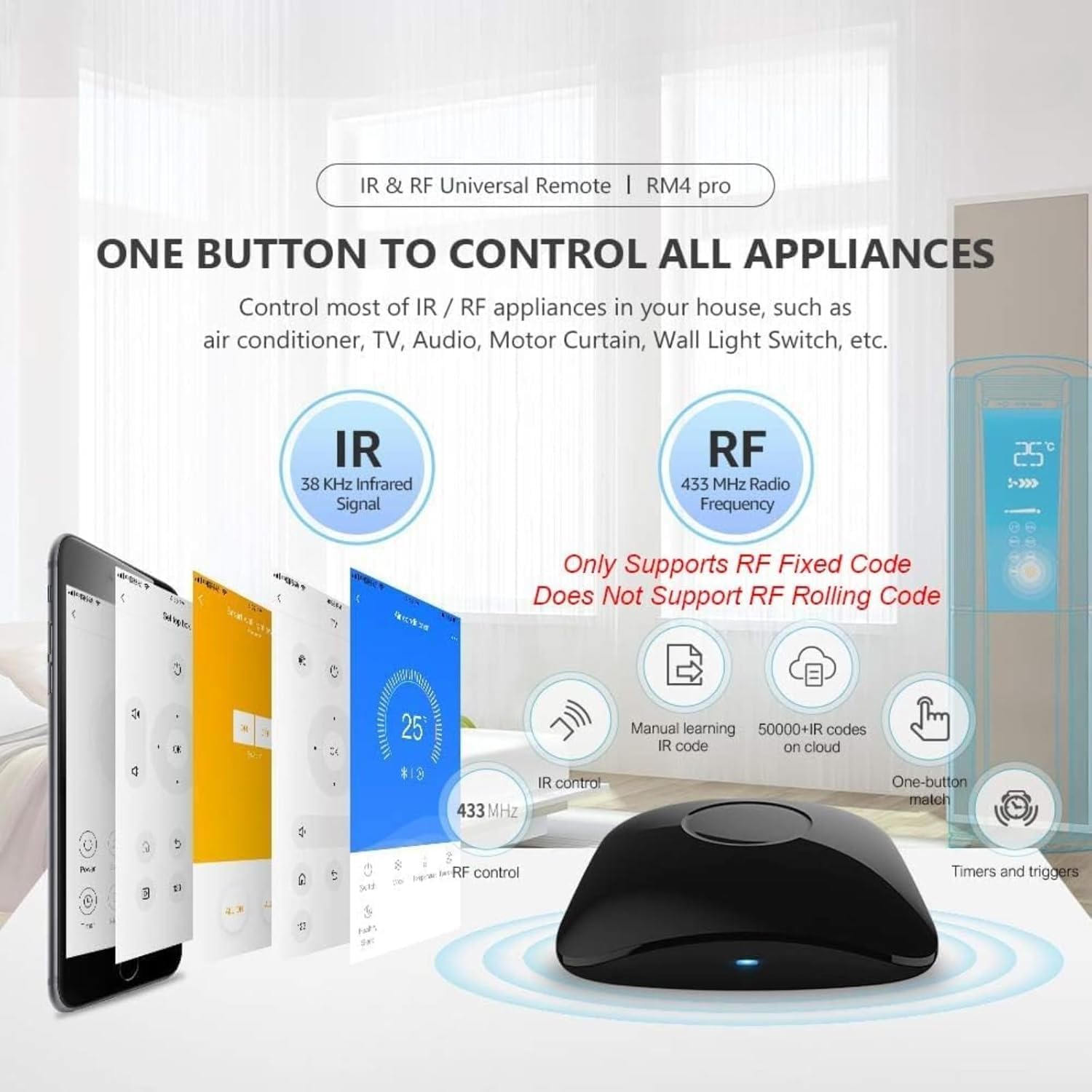 RM4 Pro Mando a distancia universal IR BroadLink, hub todo en uno, aprendizaje de código, TV, STB, aire acondicionado, motor de cortina compatible con Alexa (solo Wi-Fi de 2,4 GHz)