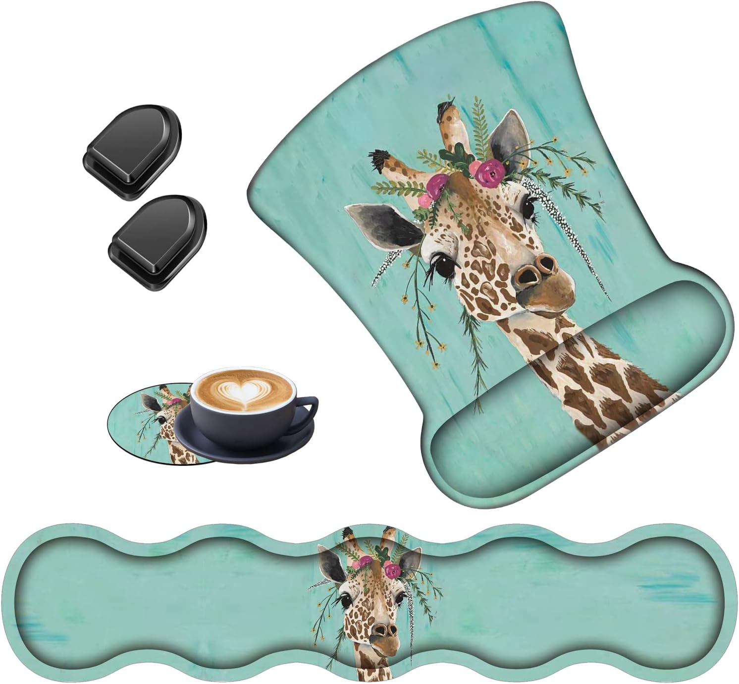 Keyboard Wrist Rest + Mouse Wrist Rest + Coaster + Invisible Hook Set, Ergonomic Mouse Pad, Wrist Pain Relief and Non-Slip Base Design, Suitable for Office and Home, Green Rustic Wood and Giraffe