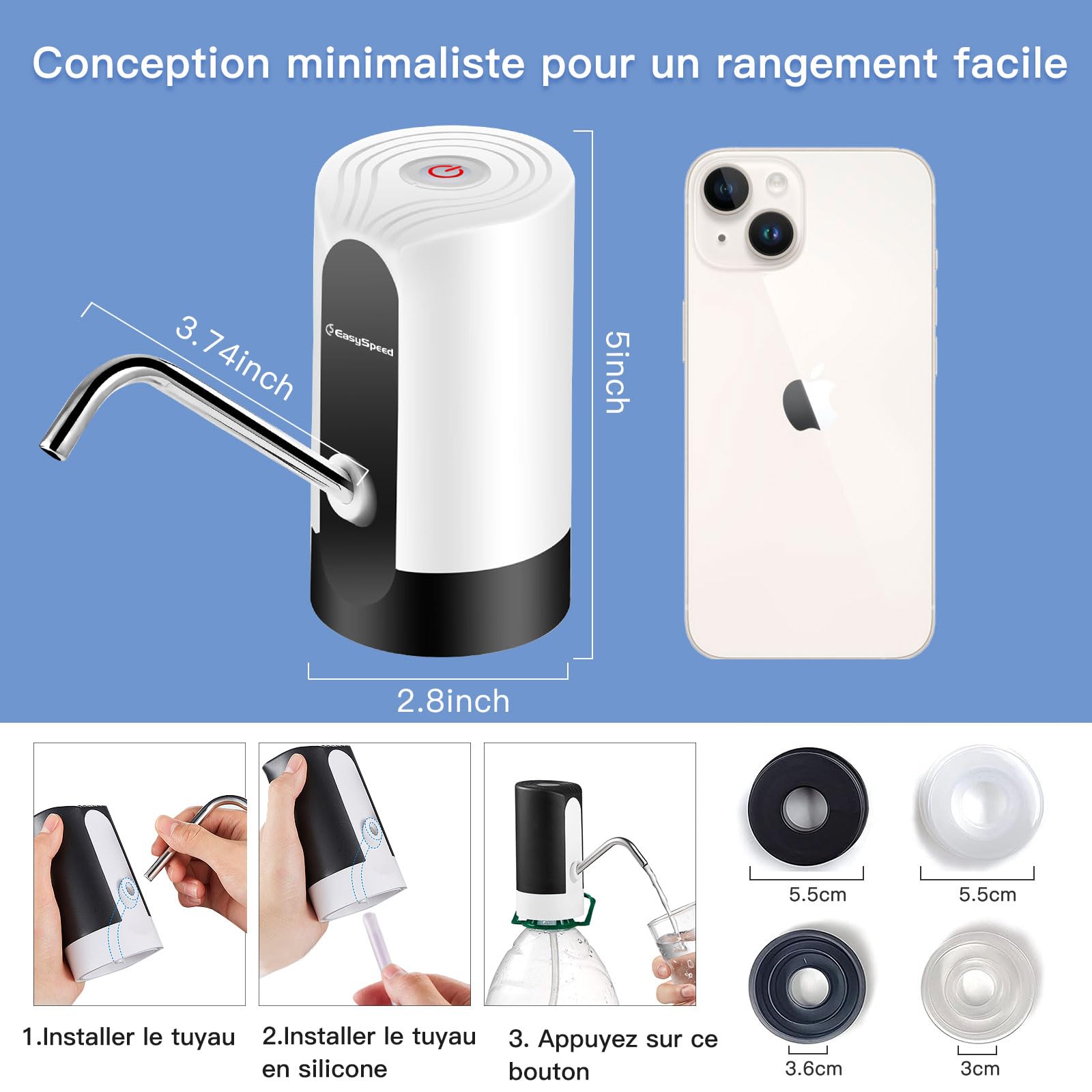 EASYSPEED Distributeur Eau Portable Rechargeable USB avec 2 Adaptateurs, Pompe Automatique pour Camping Maison Bureau Blanc